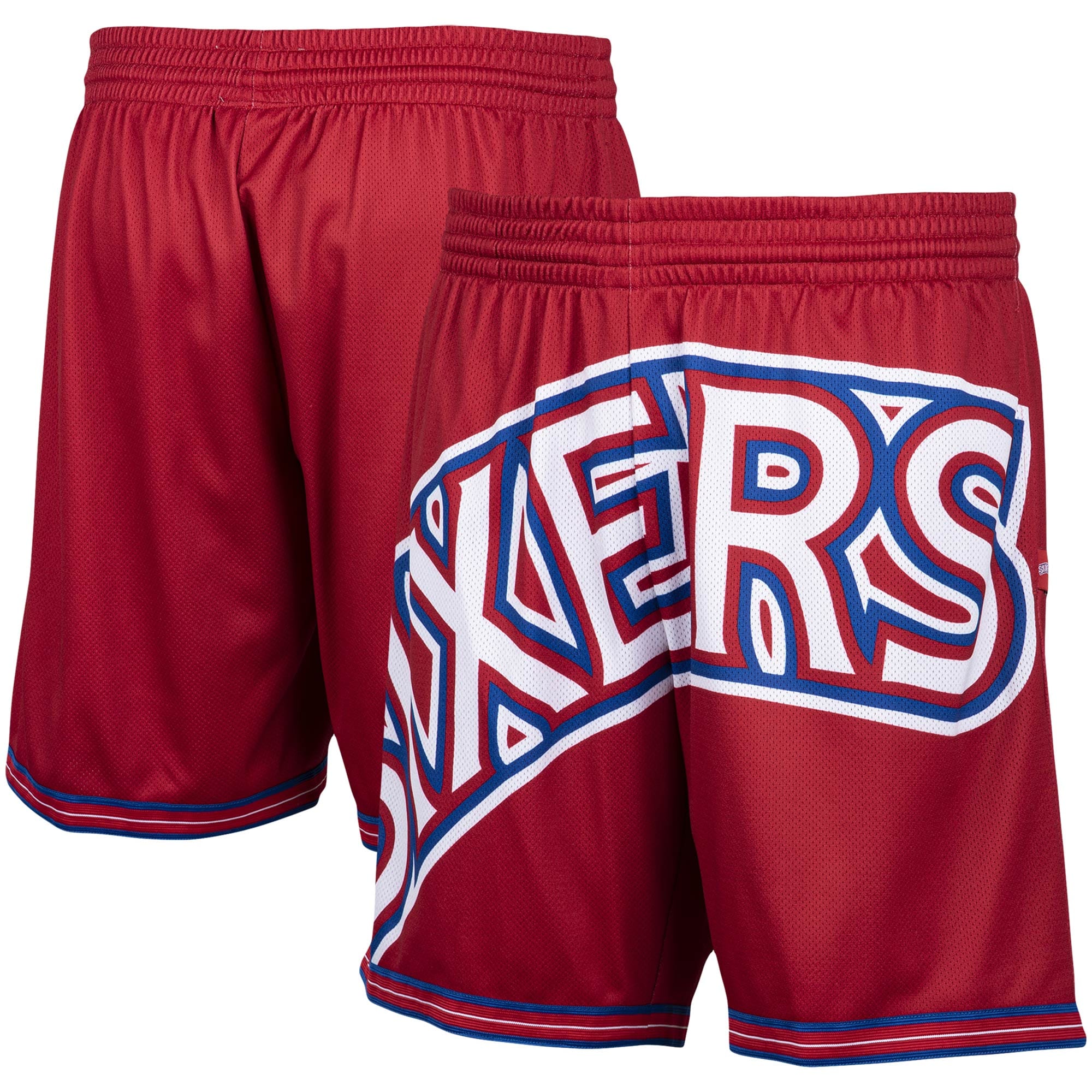Men's Mitchell \u0026 Ness Red Philadelphia 76ers Hardwood Classics Big Face 2.0 Shorts